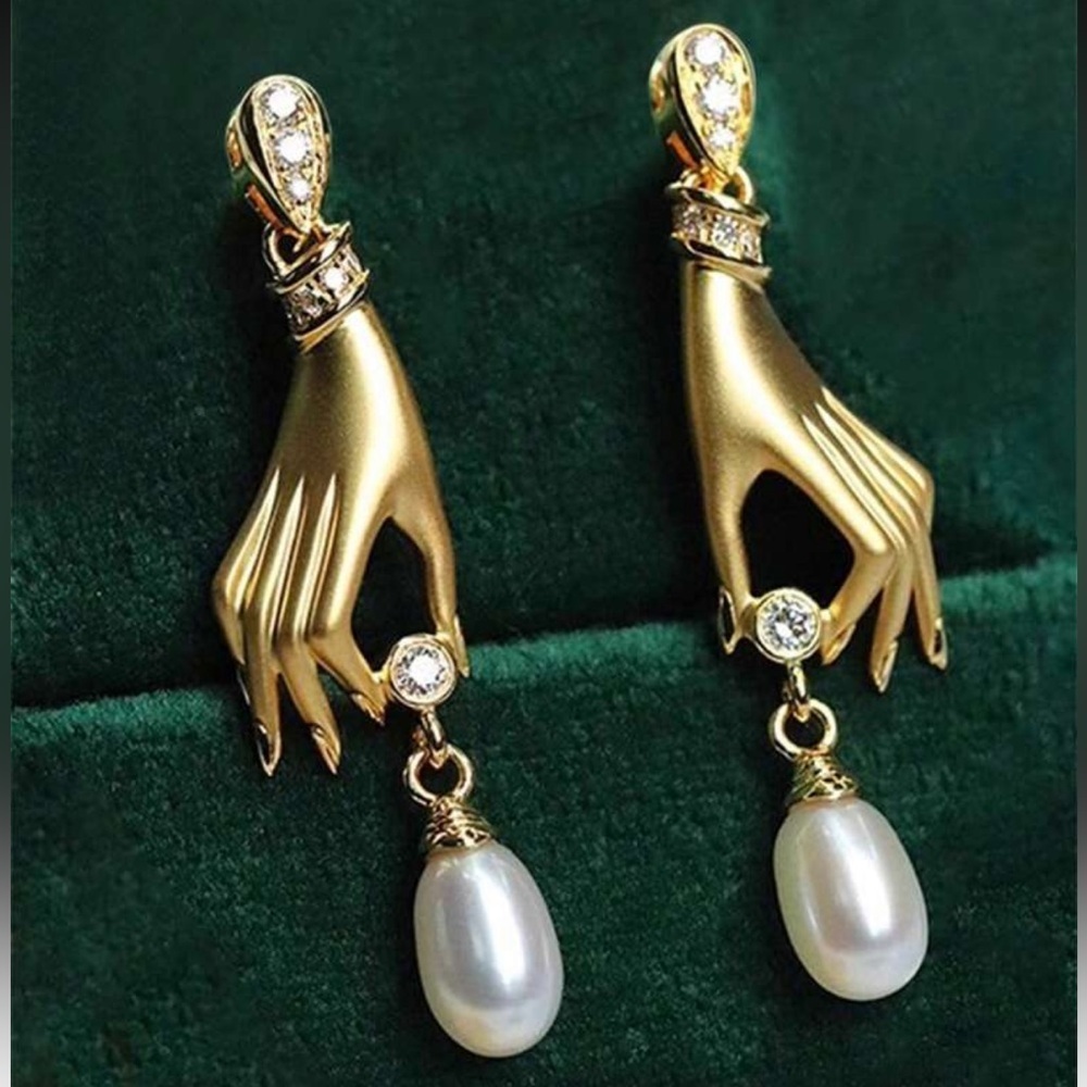Victorian Gold Hand-Shaped Earrings with Pearls